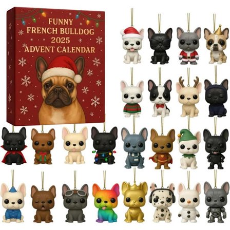 Moorle Bulldog Julekalender 2025 – 24 Dage med Hundevedhæng og Sjove Fransk Bulldog Juledekorationer