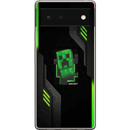Kompatibelt Mobilskal till Google Google Pixel 6 Grön pixelbaserad creeperliknande spelillustration med futuriska neoninslag och mörk techbakgrund p
