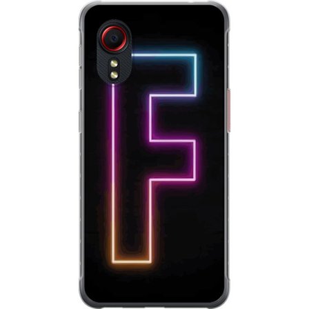 Kompatibel Mobilcover til Samsung Samsung Galaxy Xcover 5 Neonbogstav F i lyserød, blå og gul lyskanter mod en mørk baggrund, grafisk bogstavillust
