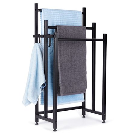 Sort, fritstående håndklædeholder med 3 stænger og 2 kroge