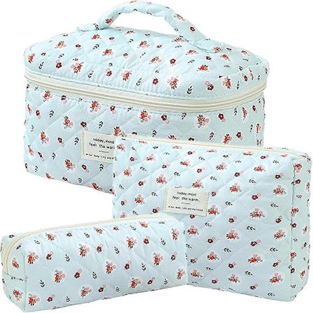 3 stk. Makeup Taske Bomuld Vatteret Rejse Kosmetiktaske Sød Blomstret Makeup Pung Stor Toilet Taske til Kvinder Piger (Sløjfe-Pink)