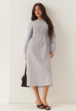 BUBBLEROOM - Smock Cotton Dress - Blue/Striped