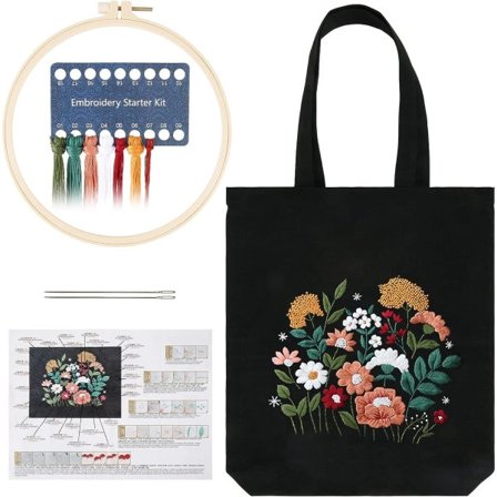 Sort lærredsborduringskit med mønster og instruktioner, broderi