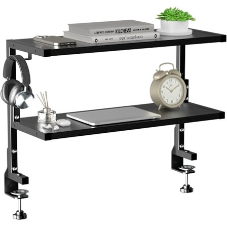 Kiinnitettävä työpöydän järjestäjä, 2-tasoinen hylly ylä- tai alapuolelle, mukautettavat tilatarvikkeet, keittiöhylly, musta