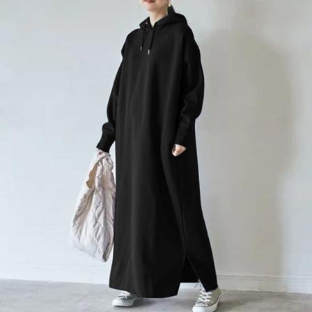 Kvinnor Enfärgad Pullover Fleece Fodrad Sida Slit Hooded Klänningar