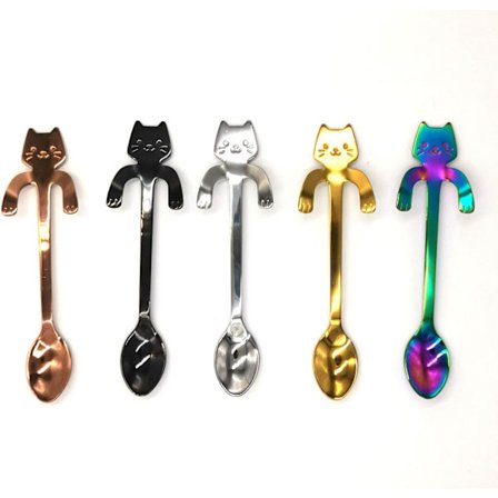 Sett med 5 rustfrie stål kaffeskjeer formet som katter, røre-