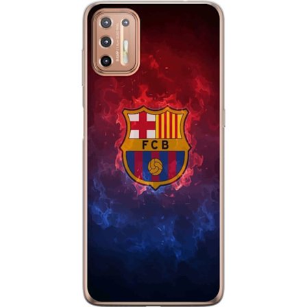Kompatibel Mobilcover til Motorola Moto G9 Plus FC Barcelonas klubemblem i ild og røg, dramatisk fodboldillustration til fans, sportsplakat og mobilco
