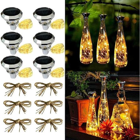 6-pack 20 LED 2m solcellslampor för flaskor (6 st varma), solcellslampor för flaskor med LED-slinga, diamant, solcellsbelysning