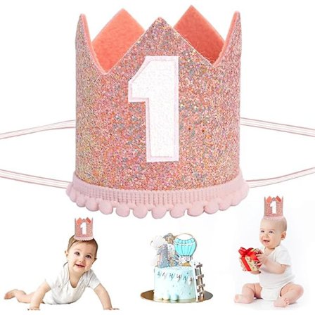 Baby Tiara Krona för 1-årskalas, Baby Första Födelsedags Glitterkrona, 1-årshatt Första Födelsedags Pannband Partyhattar för 1-årskalas Rosa