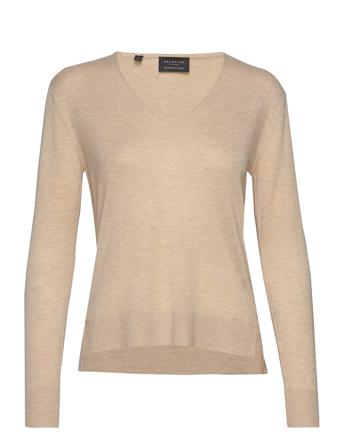 Slflinel Ls Knit V-Neck Beige Selected Femme