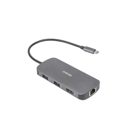 Deltaco USB-C docking station, single, 1x HDMI/RJ45/SD/mSD, 3x USB-A