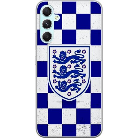 Kompatibel Mobilcover til Samsung Samsung Galaxy A34 Grafisk skakternet mønster i blåt og hvidt med et klassisk heraldisk emblem, retro-inspireret s