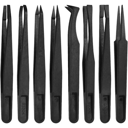 Sæt med 8 antistatiske multifunktionelle præcisionstænger af plast, flade skråspidstænger, fine/buede spidstænger til elektronik, smykker, 