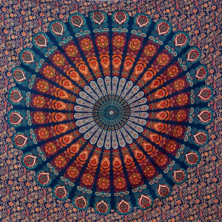 200*150cm Sininen-punainen Mandala-seinävaate - Luonnonvalkoinen - Puuvilla, Iso, V