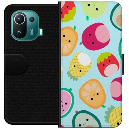 Kompatibel Tegnebogsetui til Xiaomi Mi 11 Pro Mønster af kawaii frugter som jordbær citron ananas og avocado på lyseblå baggrund