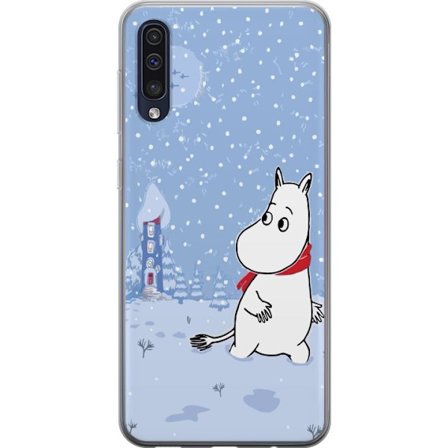 Kompatibel Gennemsigtig cover til Samsung Galaxy A50 Står i et stille vinterlandskab med snefald, blå toner og måne, hvor den rolige stemning skabe