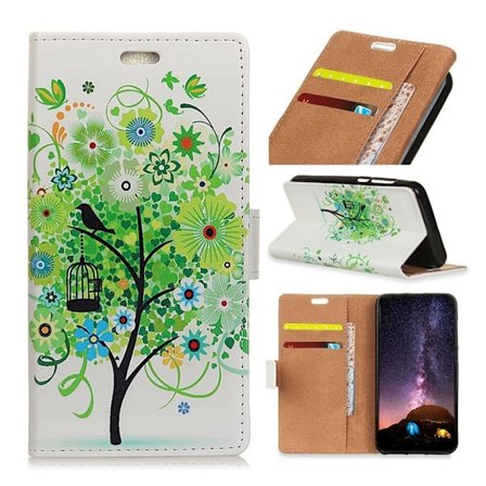 iPhone Xr mønster print læder flip cover - Grønne Blomster Træ Fuglebur