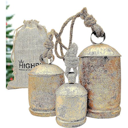 3 kpl jättimäisiä lehmänkelloja, vintage, käsintehty, rustiikkinen, onnenkellot, joulukoristeet, ripustus, XL-kellot narulla (FMY)