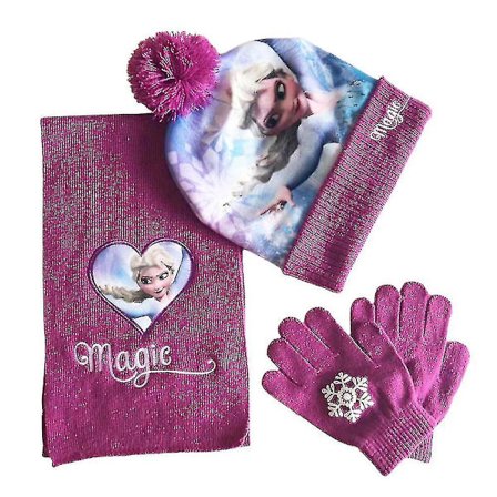 3-delt sett for jenter - Frozen Elsa lue, skjerf og votter - Vintervarmt utendørs, rosa lilla