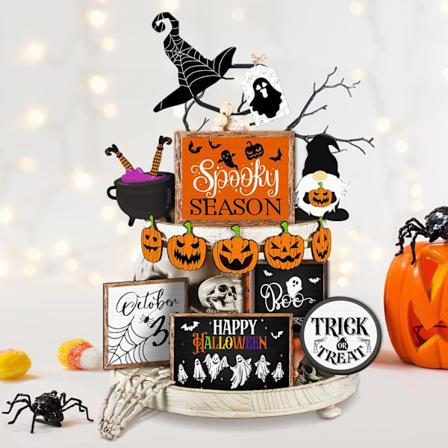 14 stk Halloween-dekor til lagdelt brett - Søte Halloween-treplakater, rustikk gresskar, bondegårdsnisser, Boo, trollmann, triks eller t