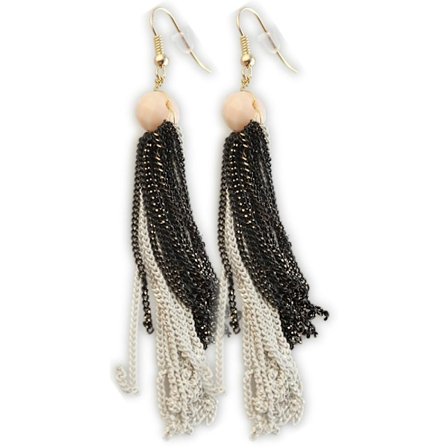 Långa Guld Örhängen med Beige Pärlor & Kedjor i Svart & Vitt