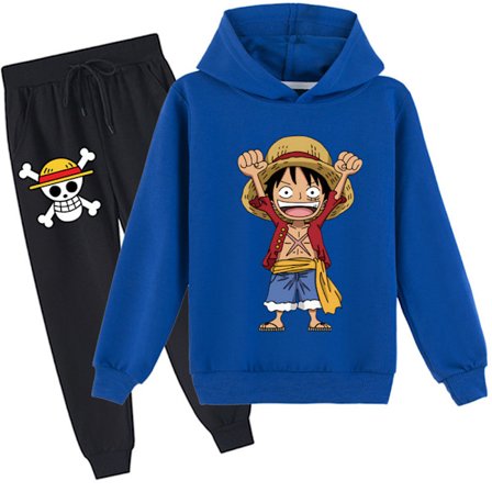 ONE PIECE Monkey D. Luffy Treningsdrakt Barn Hoodie Joggebukse Sweatsuit 2-delt/Set Blå