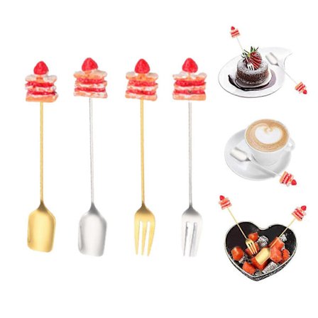 4 stk. Sæt med ske og gaffel, lette salatgafler, søde te- og kaffeskeer i rustfrit stål, nyskabende spader teskeer, kreative kage- og is-skeer