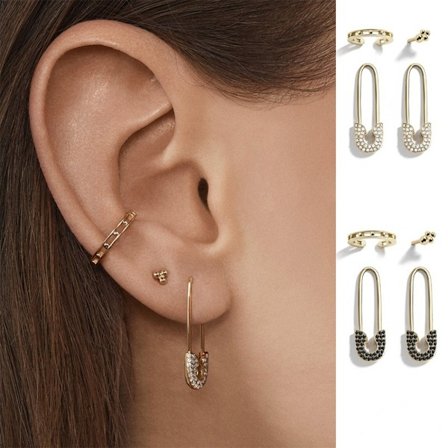 14k Guld+Svart 8 st Säkerhetsnål Dangle Örhängen Cubic Zirconia Brosk Örhängen Set För Kvinnor Smycken