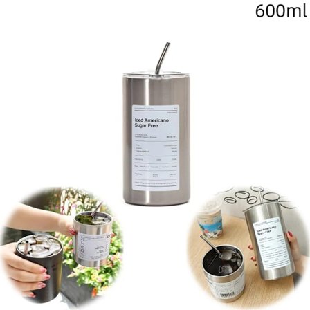 600 ml kaffemugg med sugrör, rostfria muggar, rostfria iskaffemuggar för kontor, hem (silver)