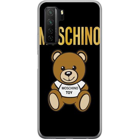 Kompatibelt Mobilskal till Huawei Huawei P40 lite 5G Moschino-inspirerad nallebjörn med text på tröjan, centrerad mot svart bakgrund med tydlig mod