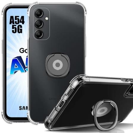 Taske til Samsung Galaxy A54 5G 4 Hjørnebeskyttelse Forstærket gennemsigtig silikone med sort støtte transparent-svart