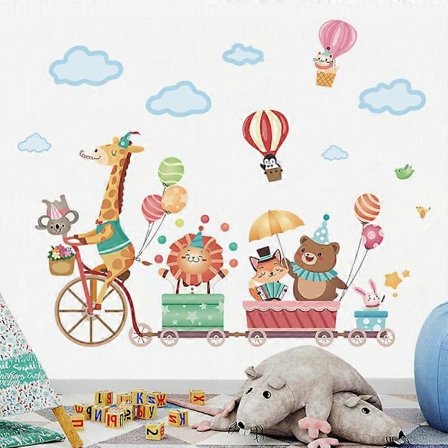 Vægstickers med dyr på cykel og luftballon til børn, løve, giraf, bjørn, zoo vægstickers, aftagelig børnehave soveværelse, børnelegetøj r