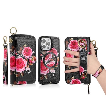 Etui til iPhone 13 svart rose kortlommebok lær snor retro magnetisk