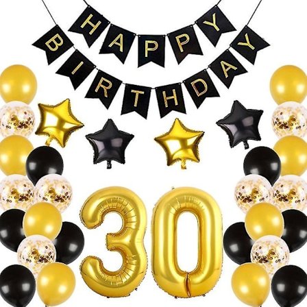30-årsdekorationer Fest i Svart Guld, 30 Ballonger Grattis 30-års Banner, Papperspompoms, Folieballonger