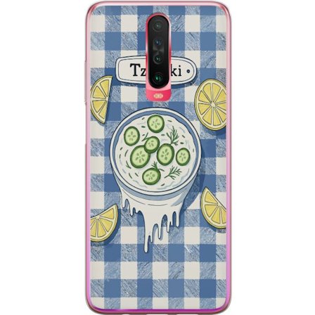 Kompatibelt Mobilskal till Xiaomi Xiaomi Redmi K30 Grekisk tzatzikiskål illustration, gurka citron dill blått rutigt mönster, köksplansch design