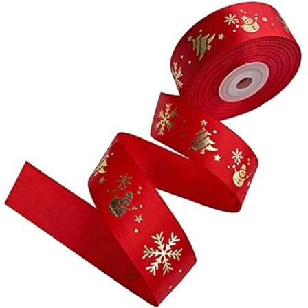 Julebånd Sateng, 1 tomme bred trykte bånd med gyldne juletre snømann snøflak, God Jul bånd