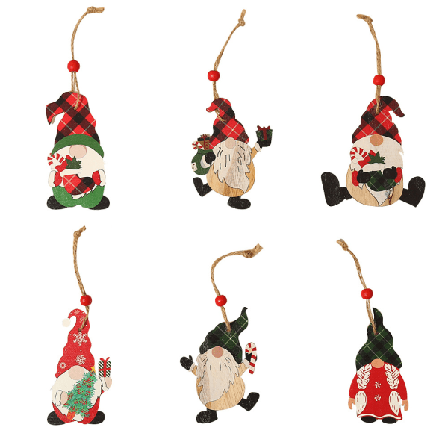6 st Gnome-julgransprydnader i trä med rep