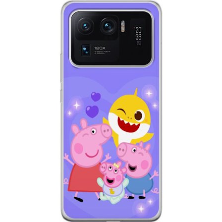 Kompatibelt Mobildeksel til Xiaomi Mi 11 Ultra Peppa Gris mønster med hjerter, sommerfugler og venner, lys rosa bakgrunn i myke barneillustrasjoner