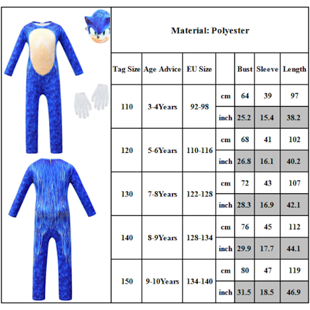 Lasten Sonic Cosplay Piirretty Body Suit Jumpsuit Hanskat & Headpiece V Z