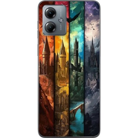 Kompatibel Mobilcover til Motorola Motorola Moto G14 Fire magiske slotte i forskellige elementfarver, episk fantasykunst med ild vand luft og mørke i