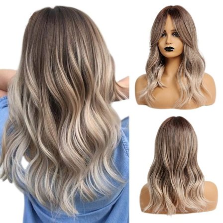 Harmaasta ruskeaan peruukki otsatukalla pitkä kihara synteettinen peruukki