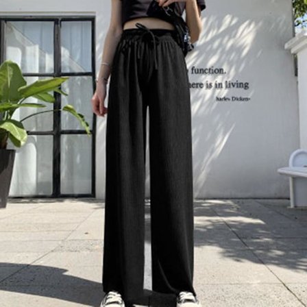 Dame Ice Silke Bredbenede Bukser Løse Elastisk Talje Afslappede Sommer Lange Bukser Sort XL