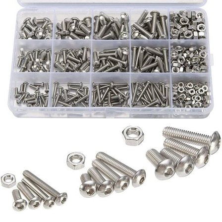 Kasse med indvendige sekskantskruer, møtrikker og skiver 500 stk. i rustfrit stål