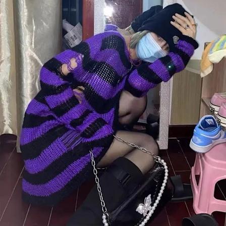 Oversize Grå Stribet Gotisk Lolita Trøjer Kvinder Ripped Huller Løs Strikkede Y2k Hollow Out Brudt Emo Punk J K Girl Streetwear. purple One Size