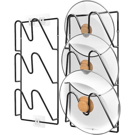 2-pak grydelåg holder, 6-trins gryde- og glaslågsholder til skab eller væg/dør køkken, selvklæbende montering, pladsbesparende