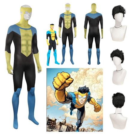Invincible Mark Grayson Cosplay Kostym Jumpsuit Halloween Bodysuit+Peruk Komplett Set Jumpsuit+Peruk