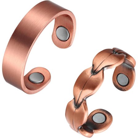 2 stk kobberring for kvinner og menn, rene kobbermagnetiske ringer, justerbar tommelfinger-ring (plan og blad)