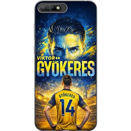 Kompatibelt Mobildeksel til Huawei Huawei Y6 (2018) Viktor Gyökeres fotballplakat i gult og blått med dramatisk stadionbakgrunn, sportillustrasjon f