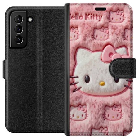 Kompatibelt Lommeboketui til Samsung Galaxy S21+ 5G Hello Kitty rosa fluffy bakgrunn med ikoniskt ansikt og kawaii-estetikk