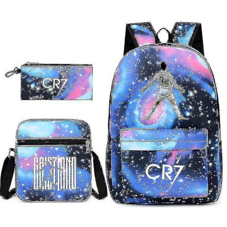 Fotbollsstjärnan C Ronaldo Cr7 ryggsäck med tryck runt studentens tredelade ryggsäck. Stjärnblå 1